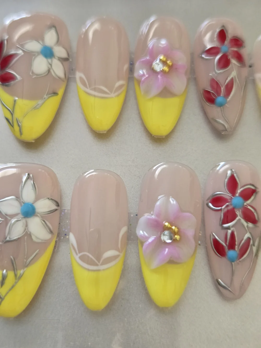 Nude & Yellow Floral Accent Press-On Nails for Women